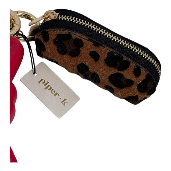 Piper K Leopard Print Mini Coin Purse Handbag Charm Gold Key Ring Heart Red Rope - Picture 3 of 6